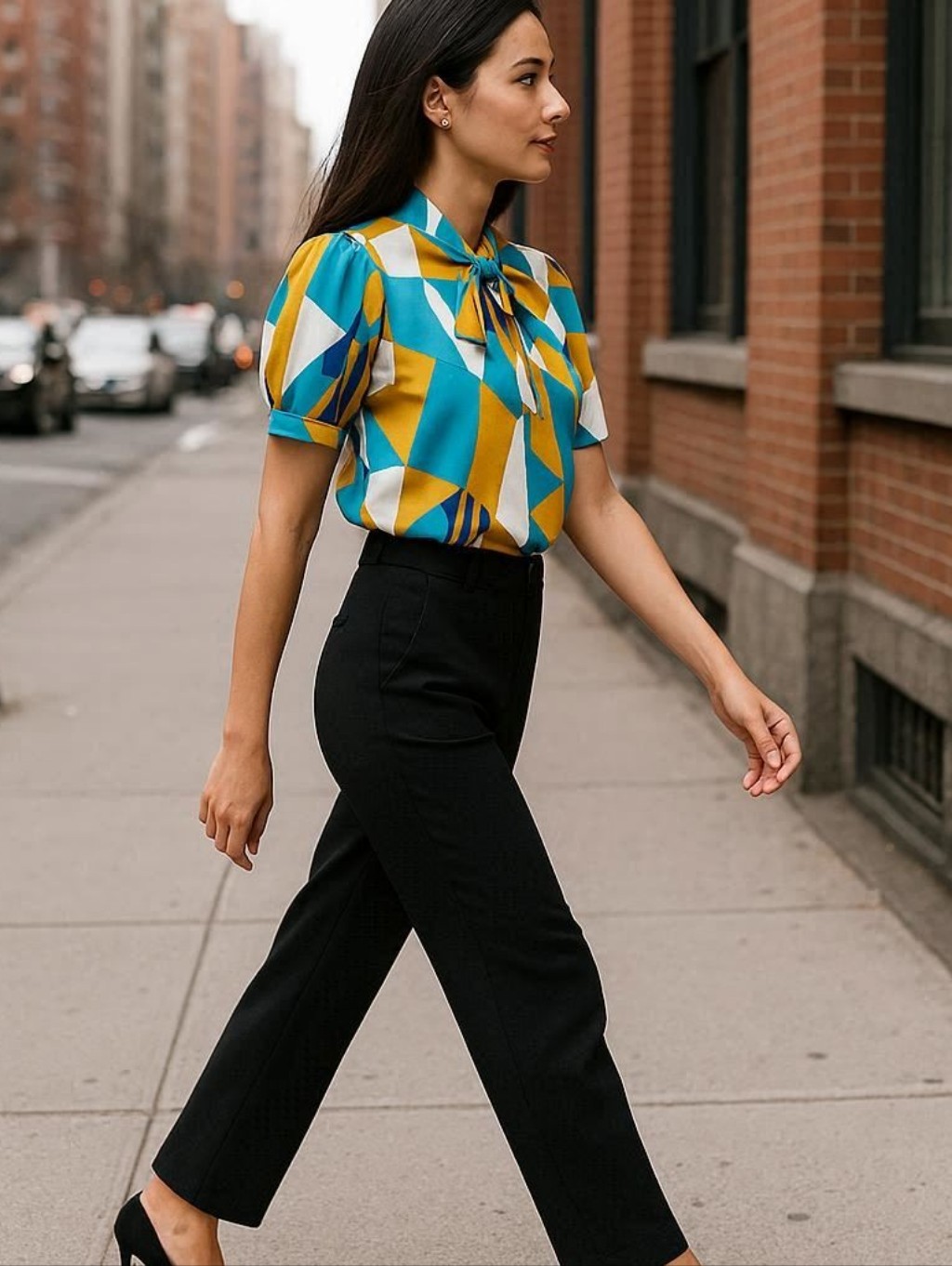 Emery Rose Geometric Tie-Neck Blouse In Turquoise, Mustard & Navy Sz L